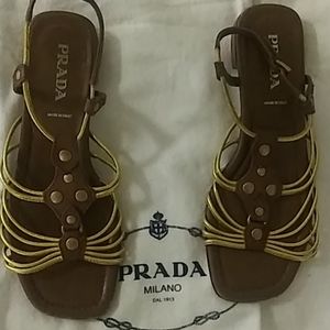 SOLD. Prada Brown Sandals with Gold Straps